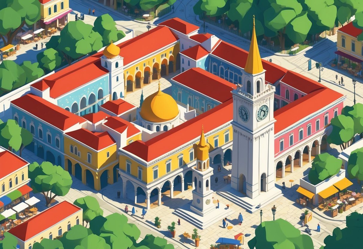 Ilustração de uma vista da cidade de Tirana com prédios coloridos, a mesquita Et'hem Bey, a estátua de Skanderbeg na praça central, uma torre com relógio, árvores e pessoas caminhando e sentadas em cafés ao ar livre.