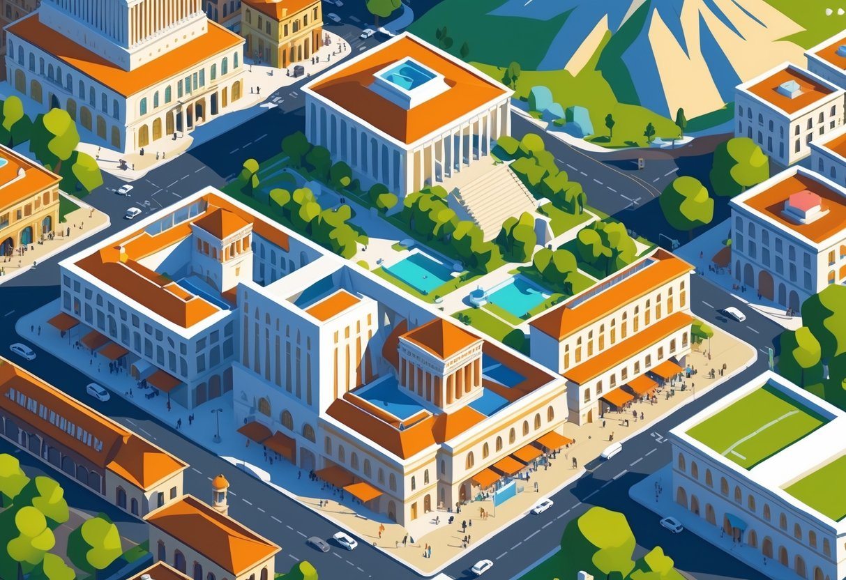 Ilustração da cidade de Yerevan, capital da Armênia, mostrando edifícios históricos, escadarias, fontes, e o Monte Ararat ao fundo, com pessoas e carros nas ruas.