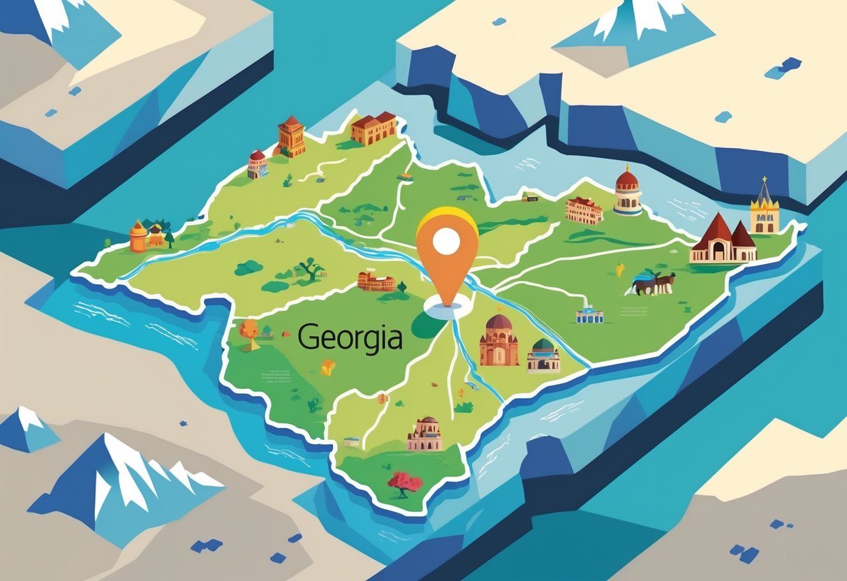 Ilustração de um mapa colorido do país da Geórgia com a cidade de Tbilisi destacada por um marcador brilhante e ícones representando pontos culturais ao redor.