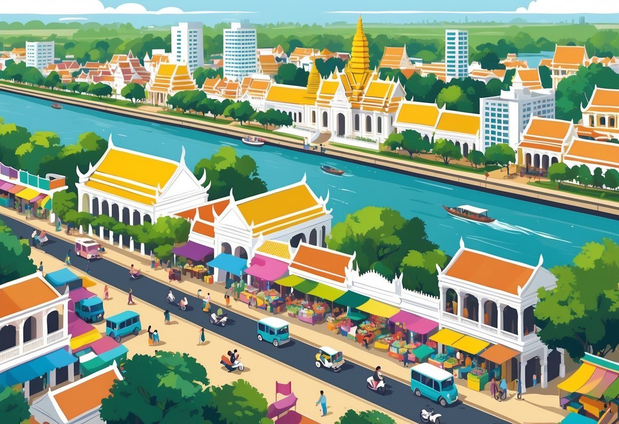 Vista da cidade de Phnom Penh com palácios, monumentos, mercados, ruas movimentadas e barcos no rio.