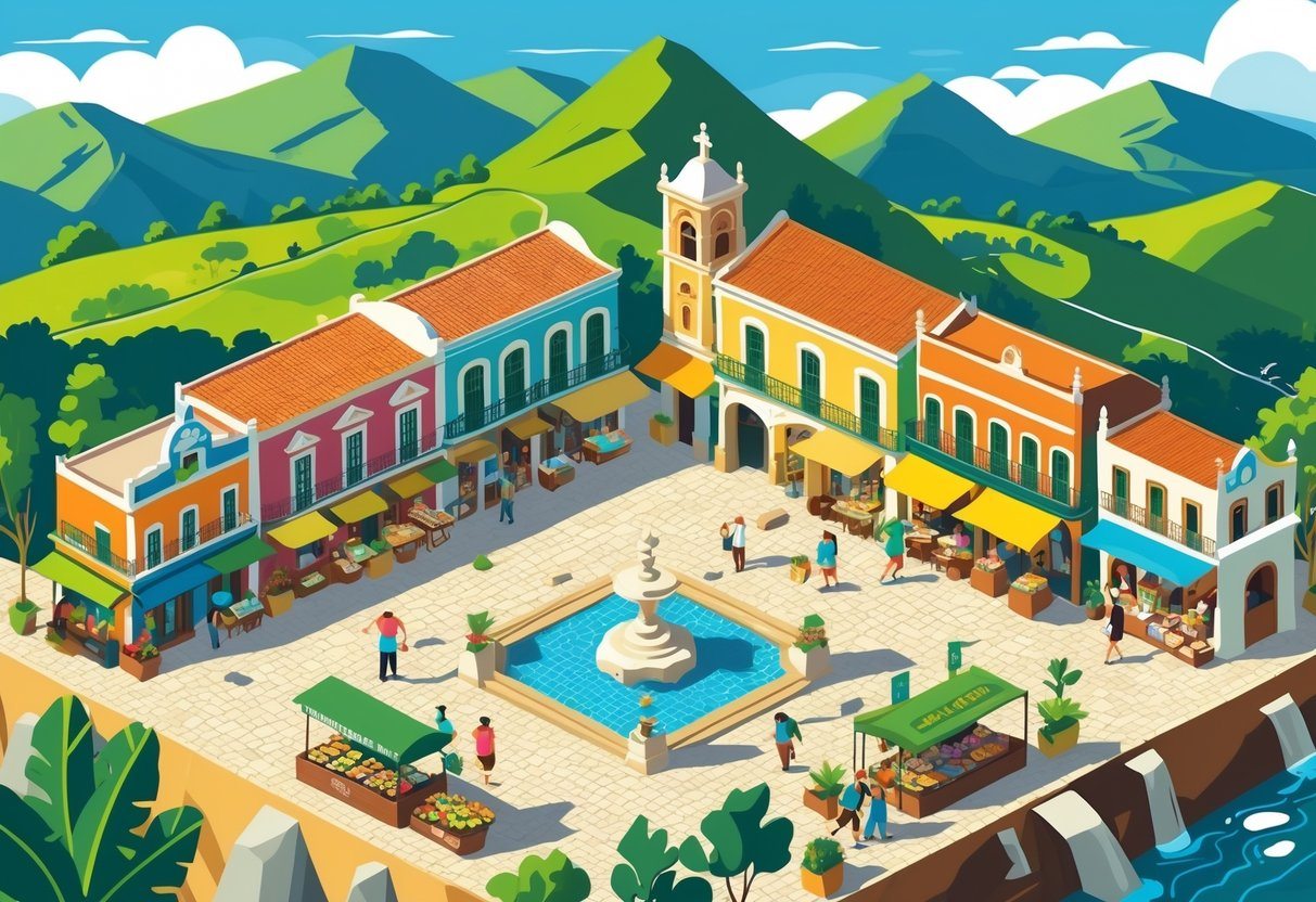Vista isométrica de uma praça central em Prados MG com prédios coloniais coloridos, pessoas caminhando, uma fonte, áreas verdes com montanhas ao fundo, e uma igreja tradicional.