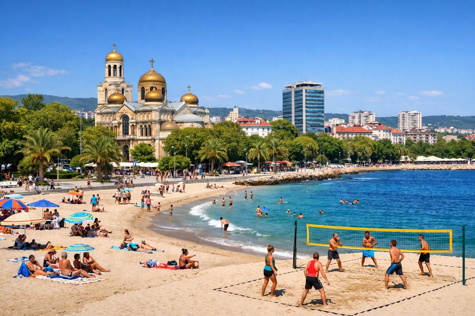 Vista da orla de Varna com praia, pessoas aproveitando o mar, a catedral dourada e prédios ao fundo sob céu claro.