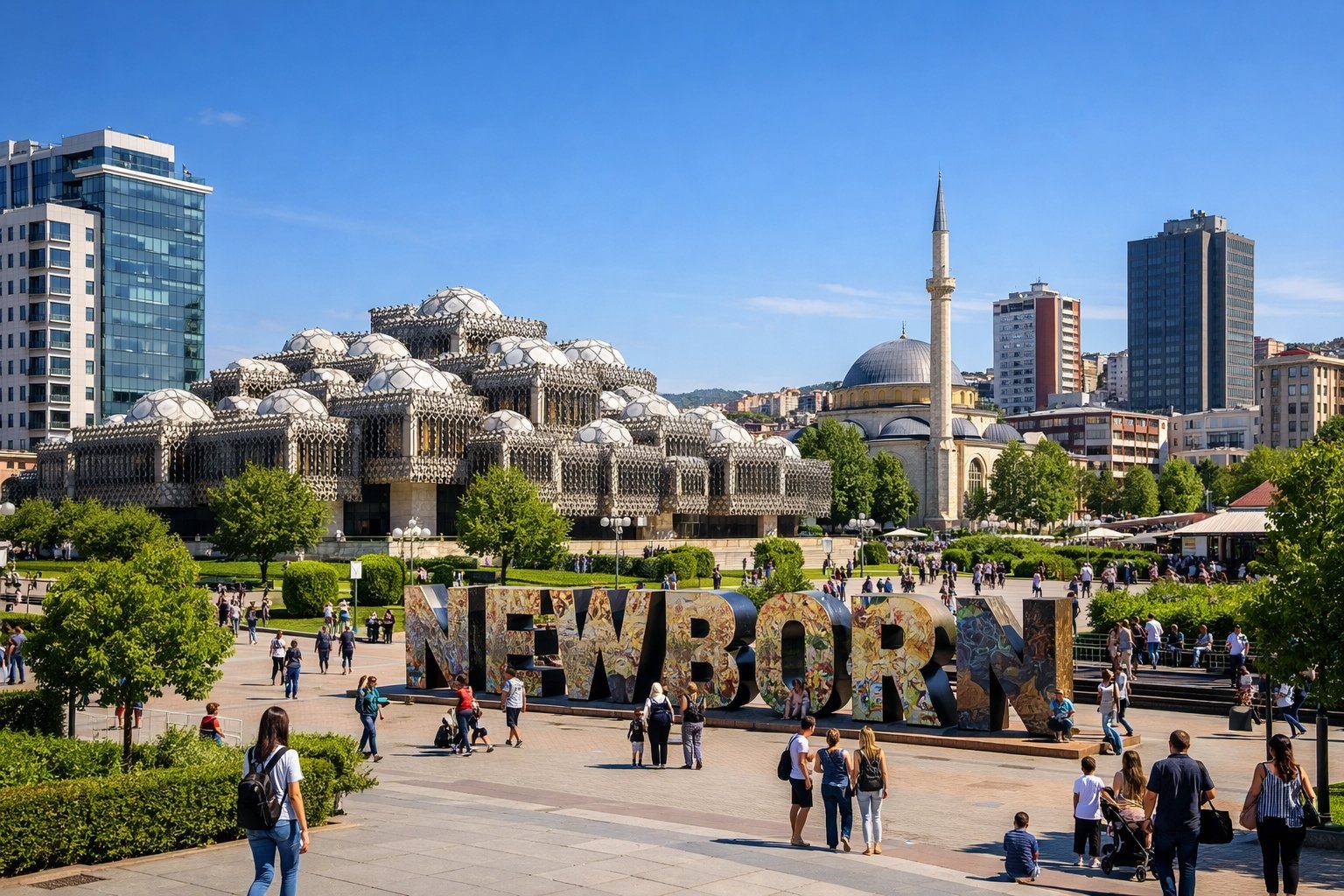 Vista urbana de Pristina com edifícios modernos, monumentos famosos e pessoas caminhando nas ruas durante o dia.