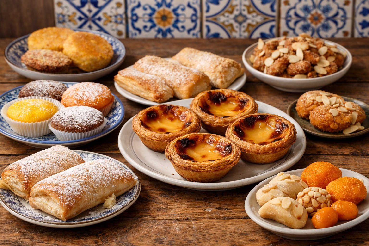 Uma mesa rústica com uma variedade de doces tradicionais portugueses, incluindo pastéis de nata, queijadas e travesseiros, apresentados em pratos de cerâmica.