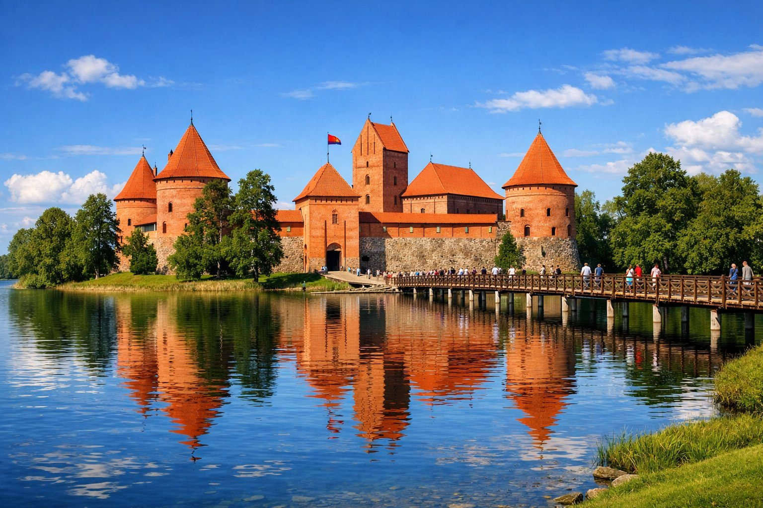 Castelo histórico de Trakai em uma ilha cercada por água azul, com árvores verdes e pessoas observando a paisagem em uma ponte de madeira.