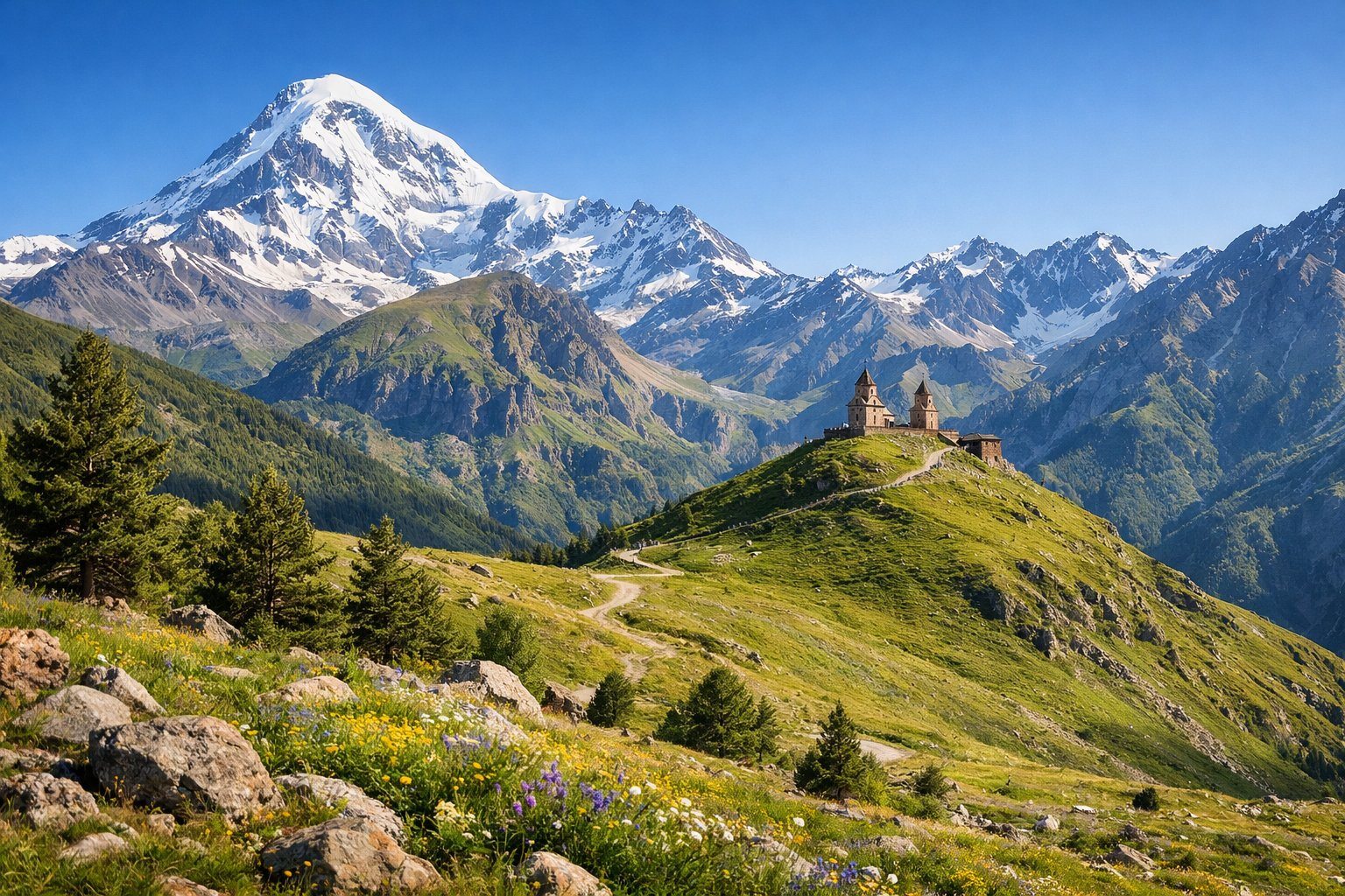 Montanhas nevadas de Kazbegi com a Igreja da Trindade de Gergeti no topo de uma colina cercada por campos verdes e flores silvestres.