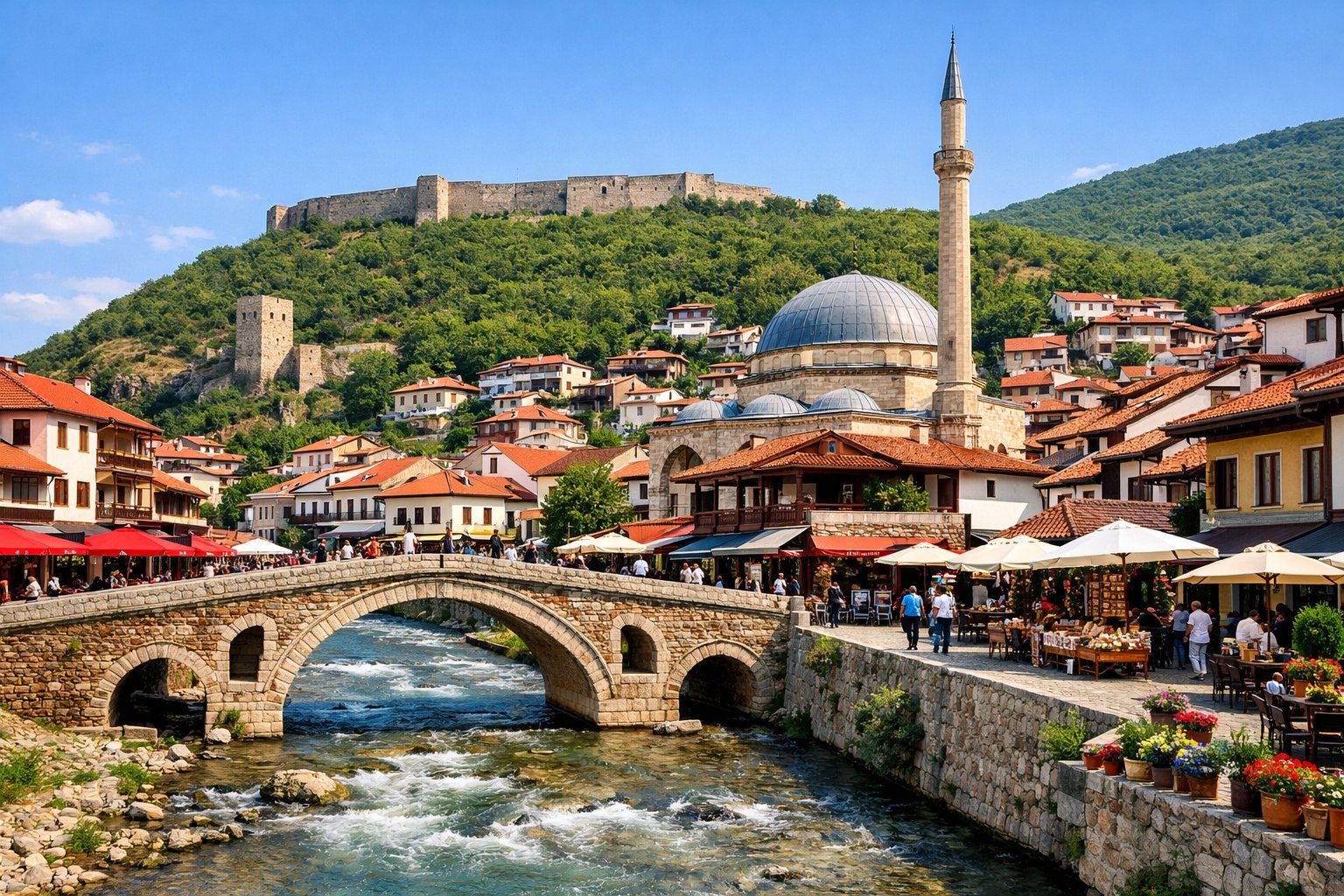 Vista da ponte de pedra sobre o rio Bistrica em Prizren, com prédios tradicionais ao redor, colinas verdes ao fundo e pessoas caminhando pelas ruas de paralelepípedos.