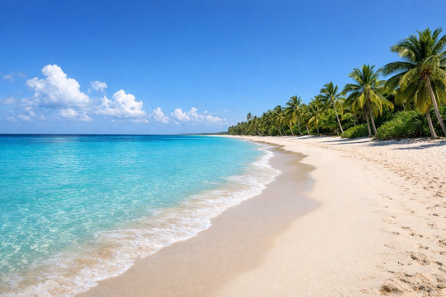 Praia de Bávaro com areia branca, mar azul cristalino e coqueiros ao longo da praia sob céu azul com poucas nuvens.