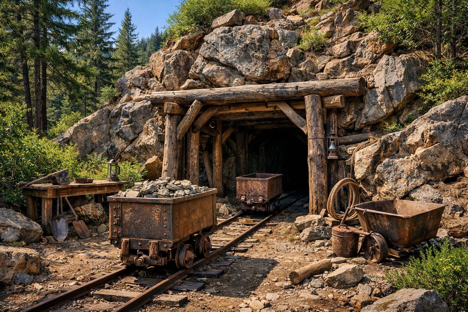 Entrada de uma mina de ouro histórica cercada por vegetação e montanhas, com equipamentos de mineração antigos visíveis.