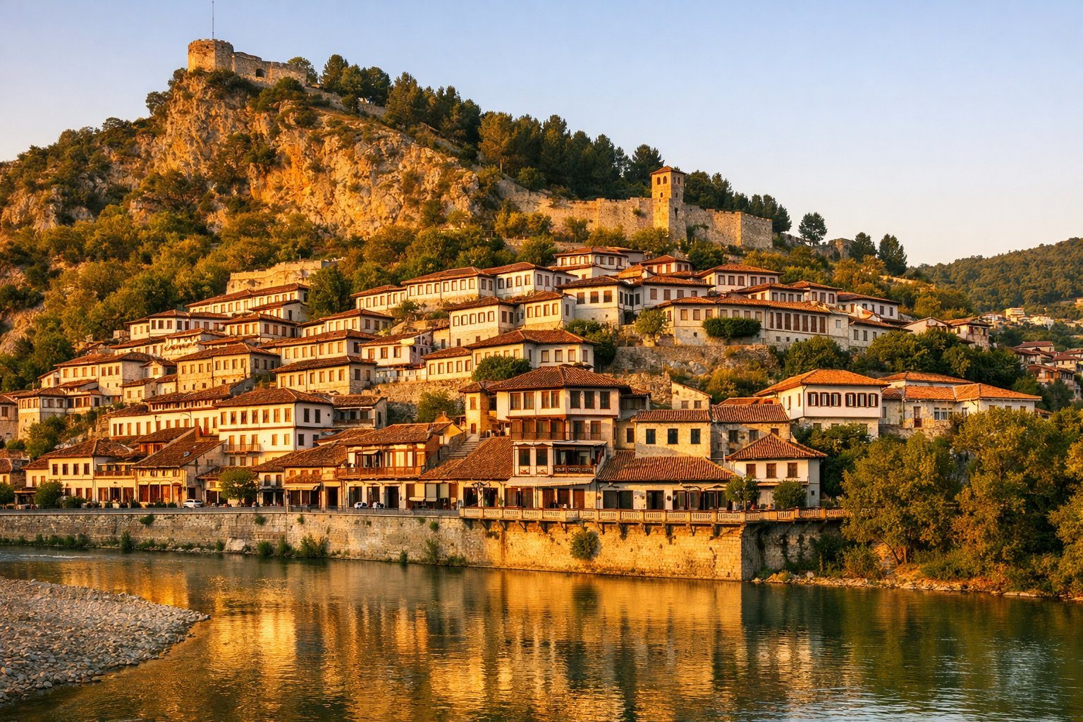 Vista panorâmica da cidade de Berat na Albânia com casas brancas no morro, castelo antigo no topo e rio ao fundo.