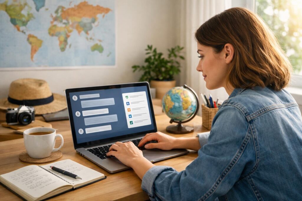 Mulher jovem sentada em uma mesa com laptop, planejando uma viagem usando uma assistente virtual, com itens de viagem ao redor.