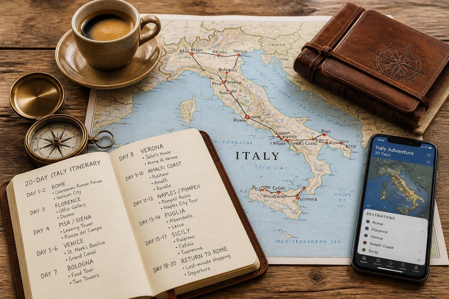 Mesa com mapa da Itália, caderno de viagem aberto, bússola, smartphone e xícara de café.