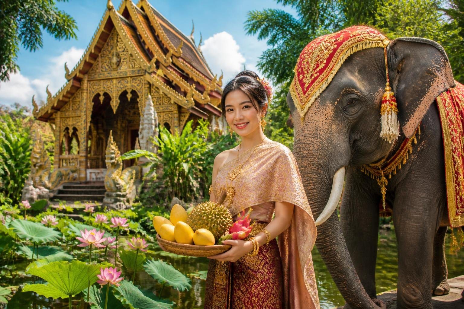 Templo tailandês dourado com elefante decorado e mulher vestida com roupa tradicional, cercados por vegetação tropical e flores de lótus.