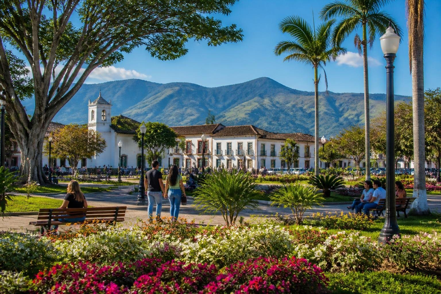 Praça movimentada em Pindamonhangaba com pessoas, prédios coloniais e montanhas ao fundo.