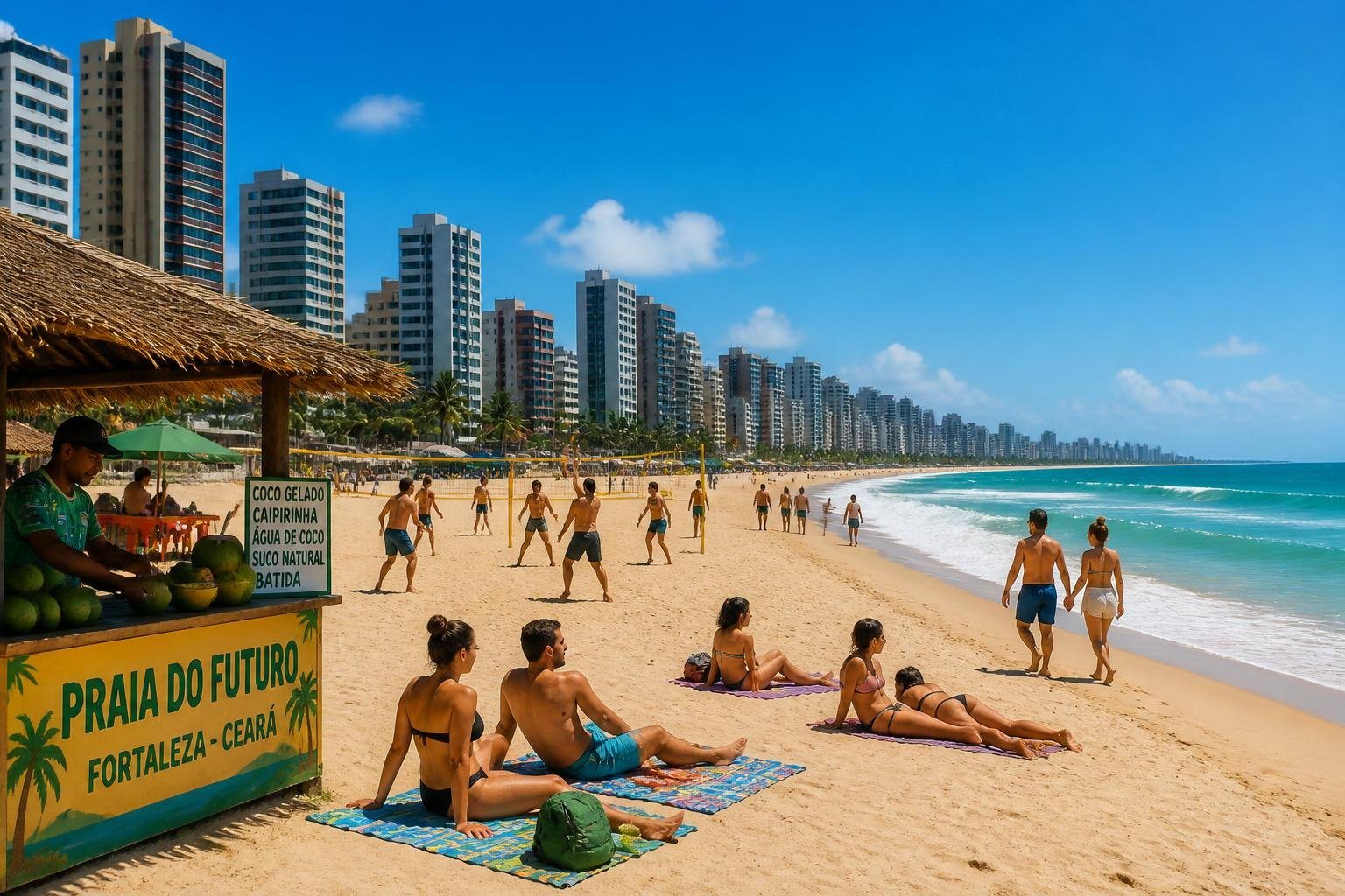 Praia do Futuro em Fortaleza com turistas aproveitando a praia, quiosques, e a cidade ao fundo em um dia ensolarado.