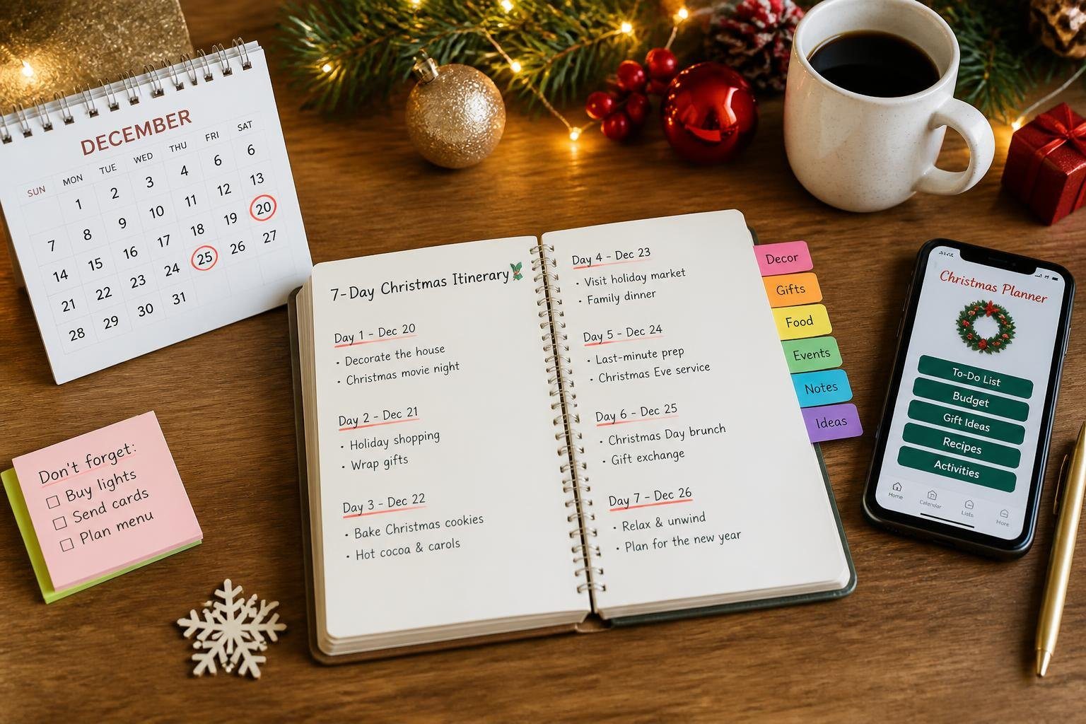Mesa organizada com um calendário de dezembro, caderno com anotações, celular, café e decorações natalinas.