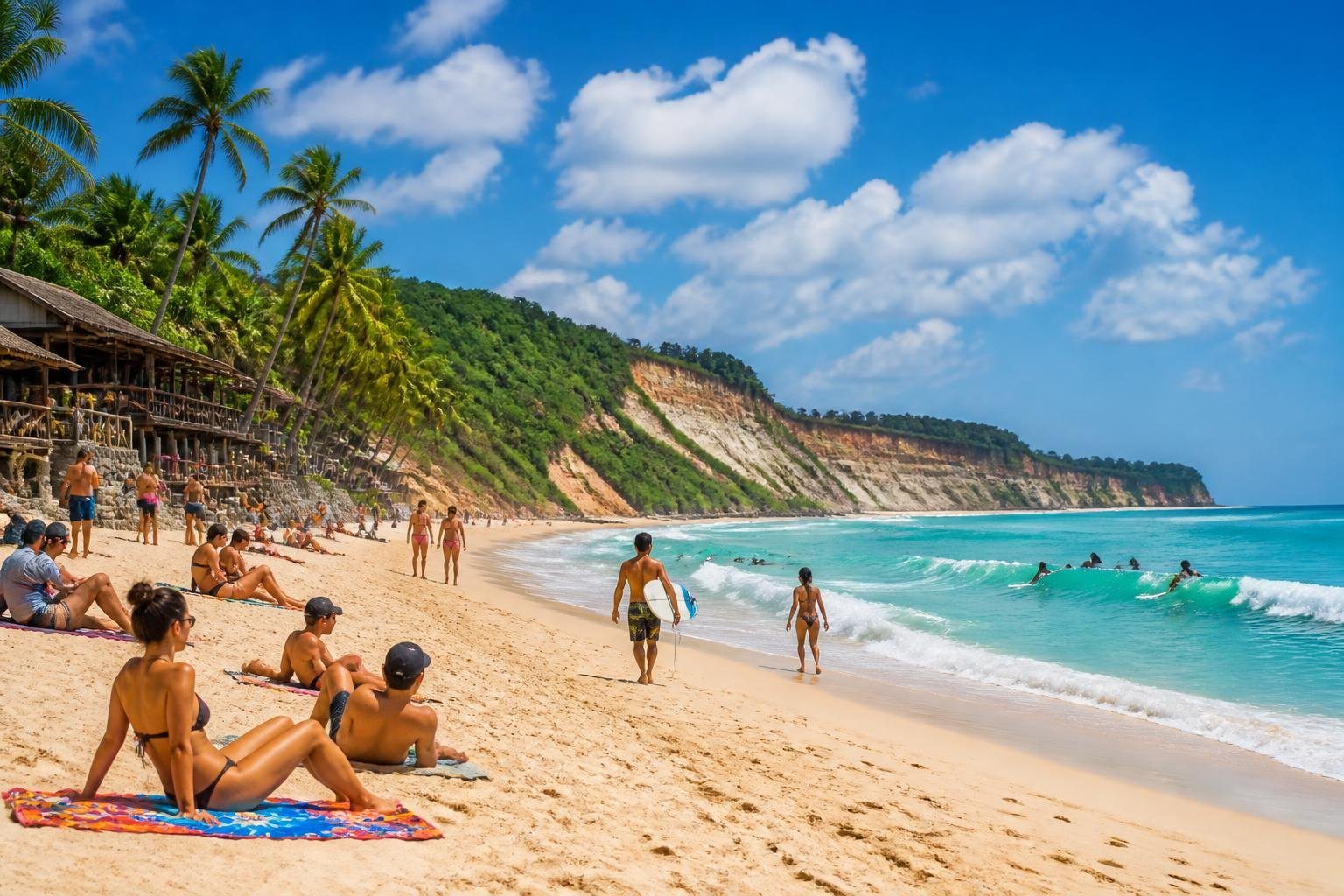 Praia de Pipa com areia dourada, mar azul claro, turistas aproveitando o sol, surfistas e vegetação tropical ao fundo.
