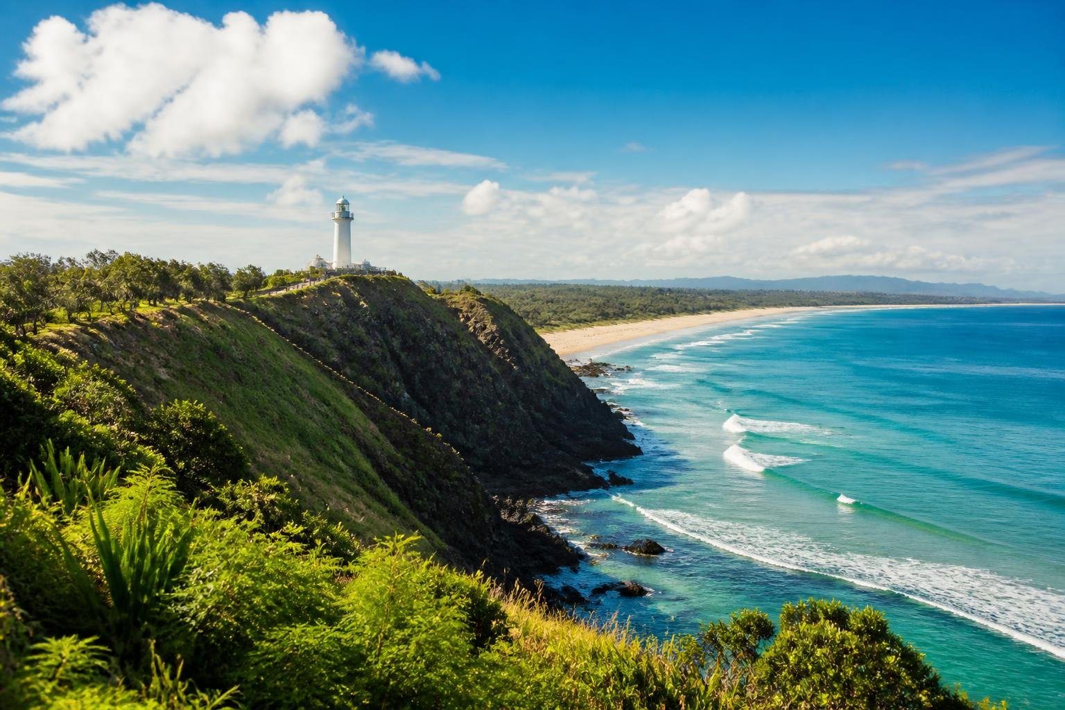 Vista panorâmica da costa de Byron Bay com mar azul, praias de areia dourada, colinas verdes e um farol no penhasco.