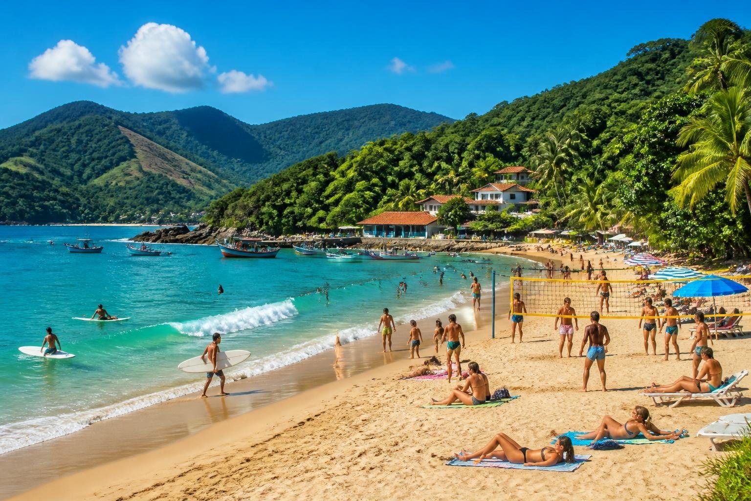 Praia de São Sebastião com pessoas surfando, tomando sol e jogando vôlei, mar azul e colinas verdes ao fundo.