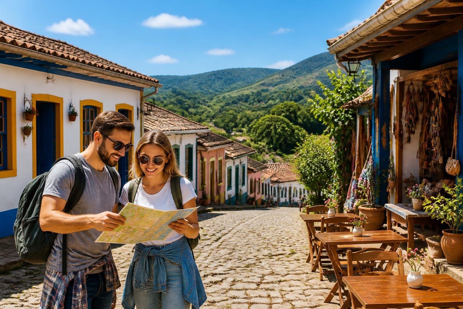 Casal explorando rua charmosa com casas coloridas e café ao ar livre em Cunha, com colinas verdes ao fundo.