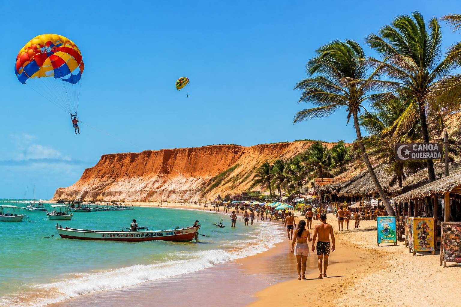 Praia de Canoa Quebrada com falésias vermelhas, mar azul, pessoas na areia, parapente e coqueiros ao fundo.