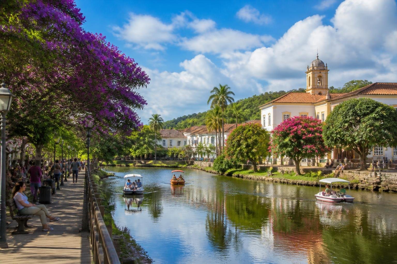 Vista do rio em Guararema com árvores verdes, casas coloniais e pessoas aproveitando o dia ao ar livre.
