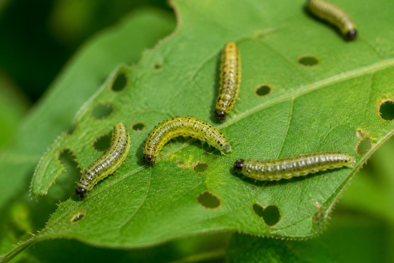 Larvas pequenas rastejando sobre folhas verdes em um jardim.