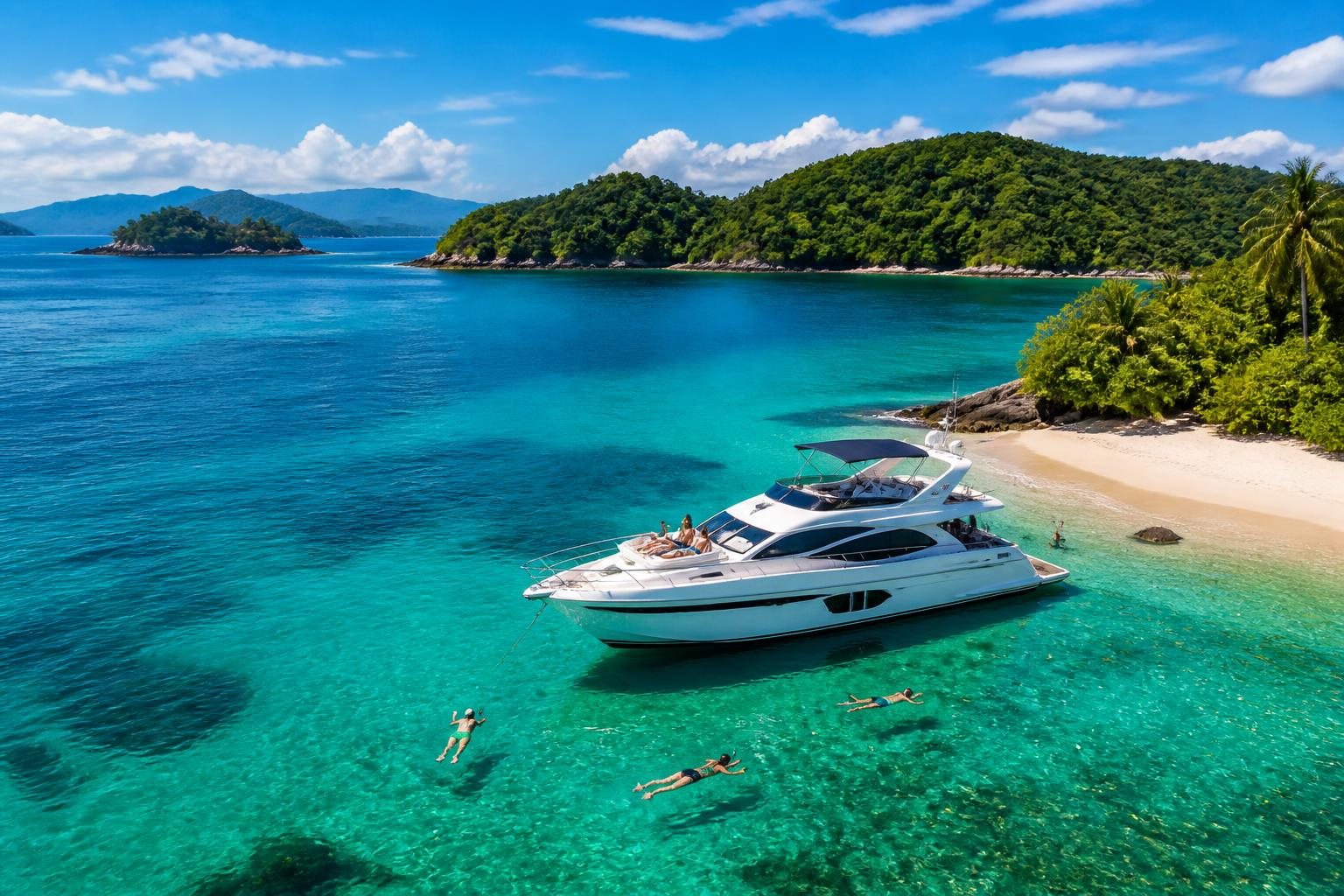 Vista da costa de Angra dos Reis com águas azuis claras, ilhas verdes, um iate ancorado e pessoas aproveitando a praia e o mar.