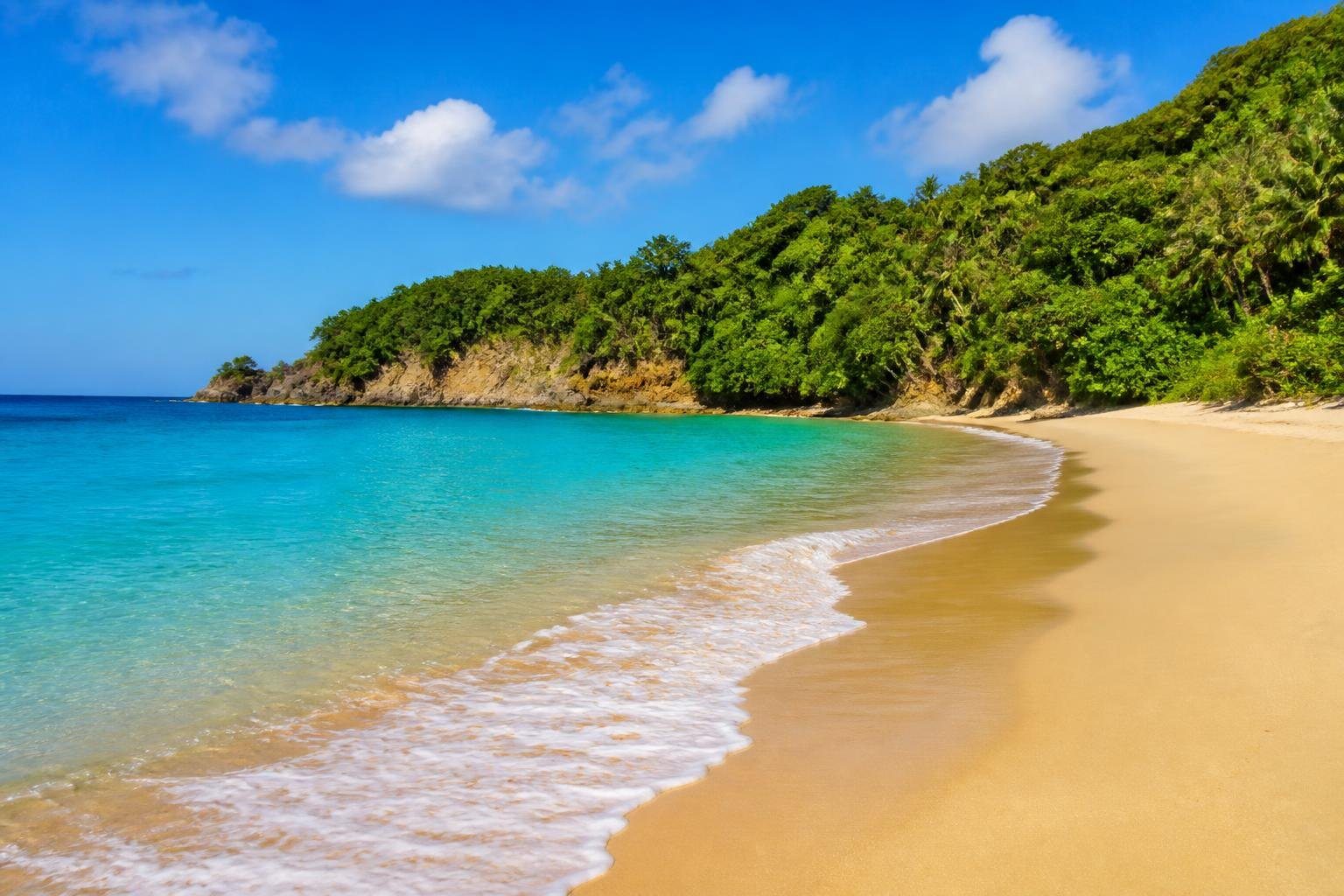 Praia do Félix com areia dourada, mar azul cristalino, vegetação verde e penhascos ao fundo sob céu azul com poucas nuvens.