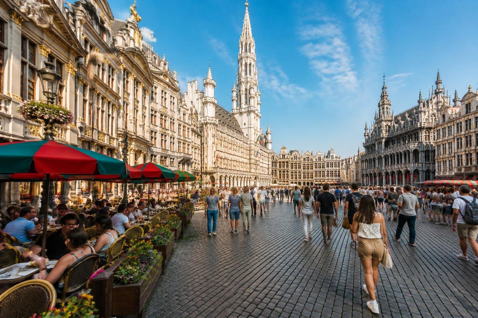 Cena de rua movimentada em Bruxelas com pessoas, arquitetura histórica e cafés ao ar livre.