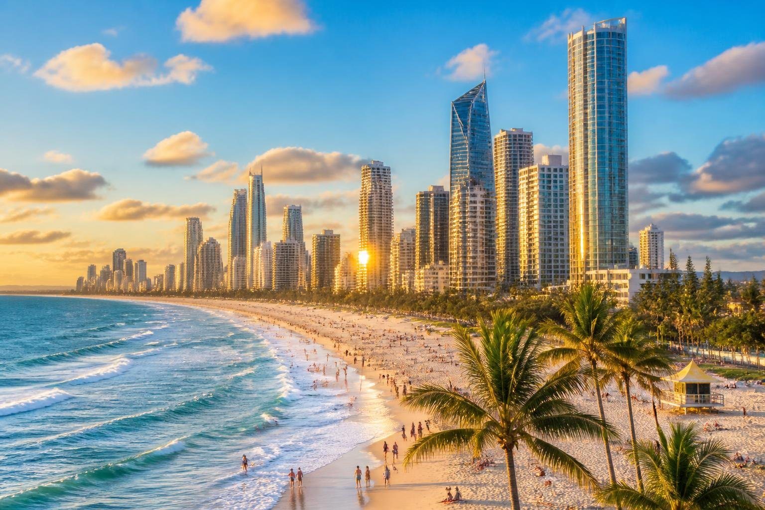 Vista panorâmica da orla da Gold Coast com arranha-céus, palmeiras, praia e mar sob céu azul.