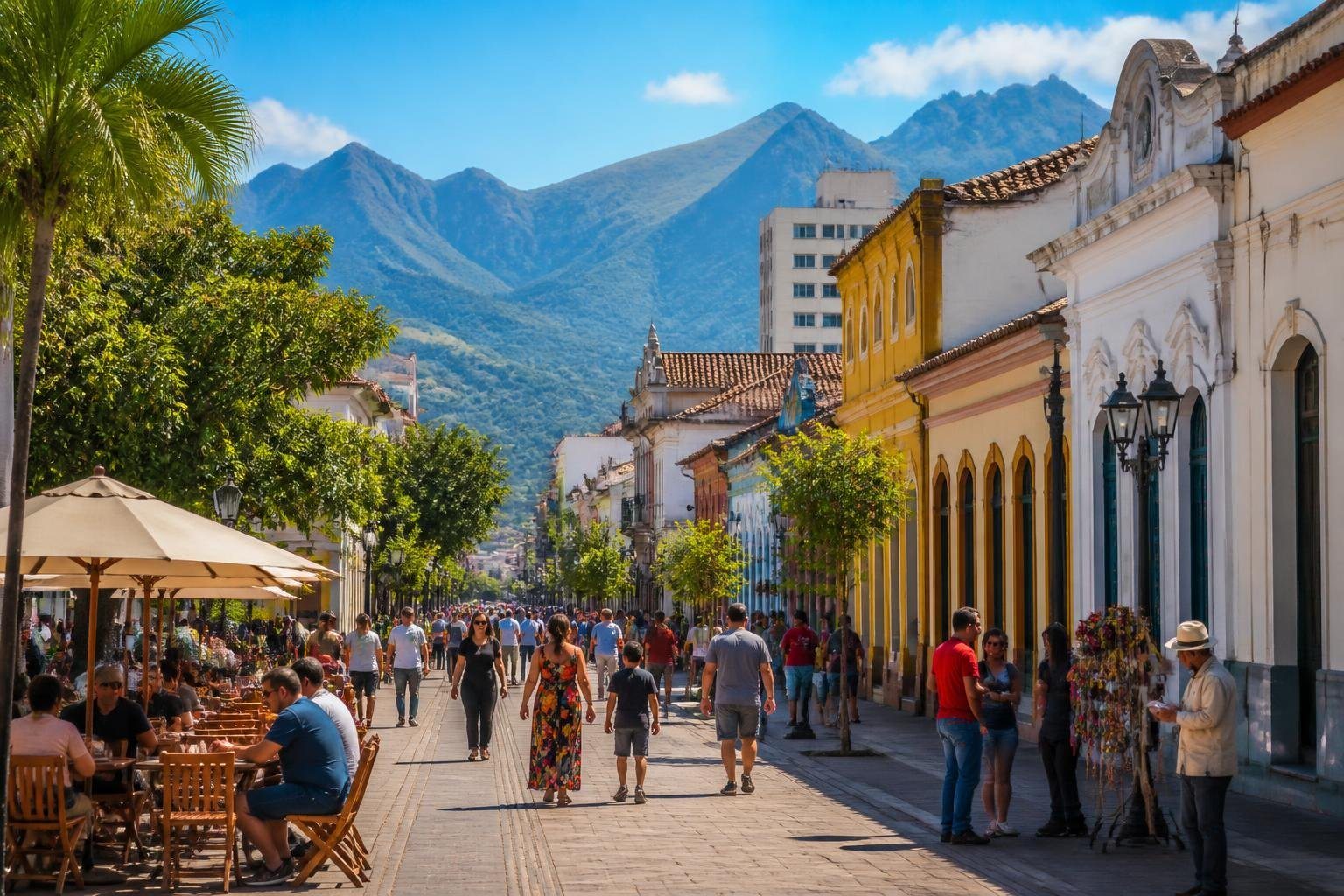 Rua movimentada em Taubaté com pessoas caminhando, cafés ao ar livre, prédios coloridos e montanhas ao fundo.