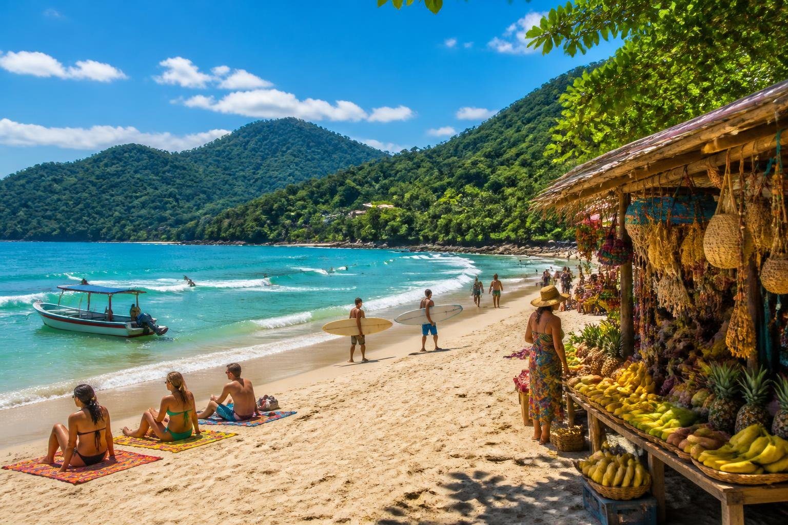 Praia tropical em Ubatuba com turistas aproveitando o sol, surfando e mercado de frutas ao fundo.