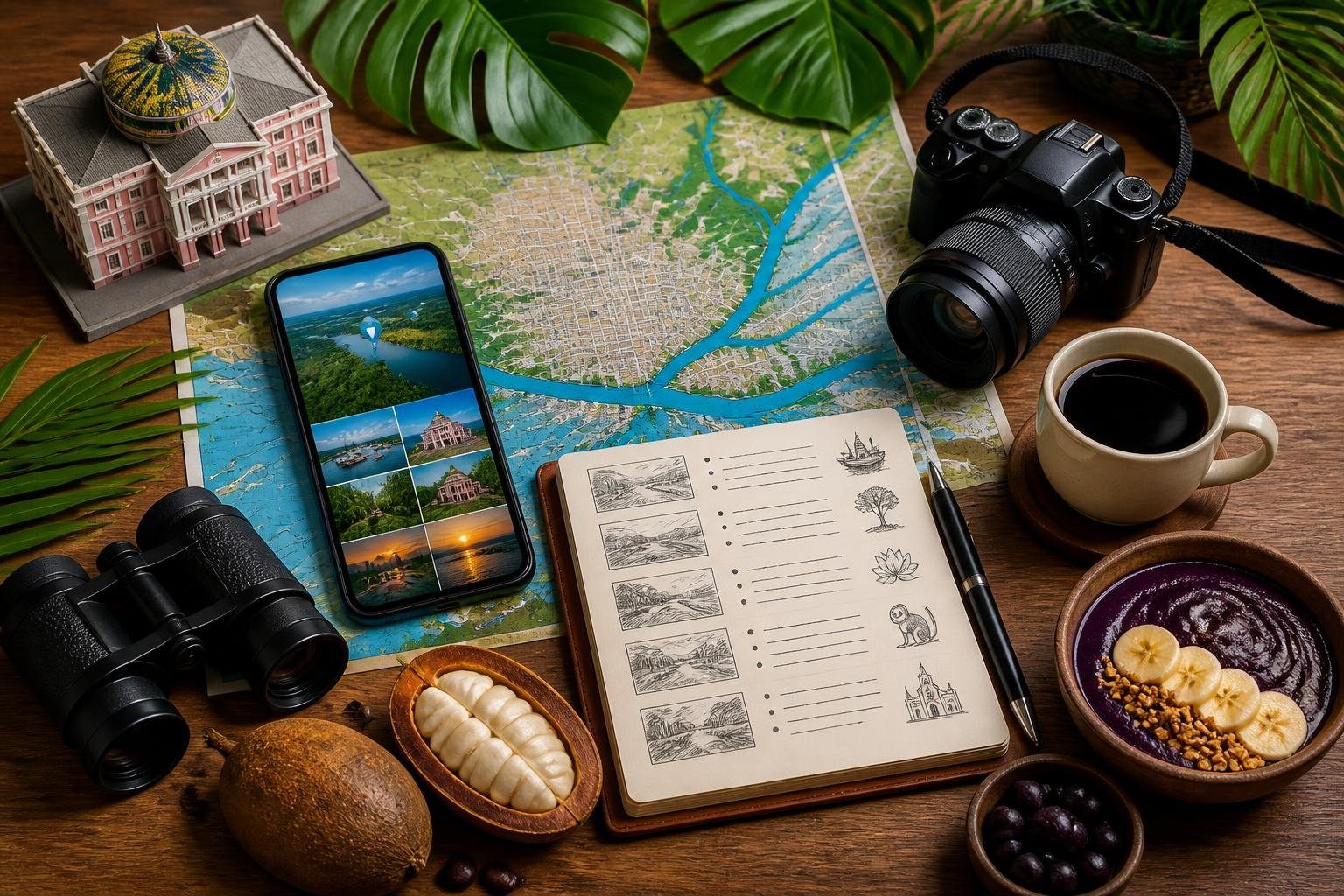 Mesa com mapa de Manaus, smartphone, caderno com planos de viagem, câmera, frutas tropicais e folhas verdes representando exploração na Amazônia.
