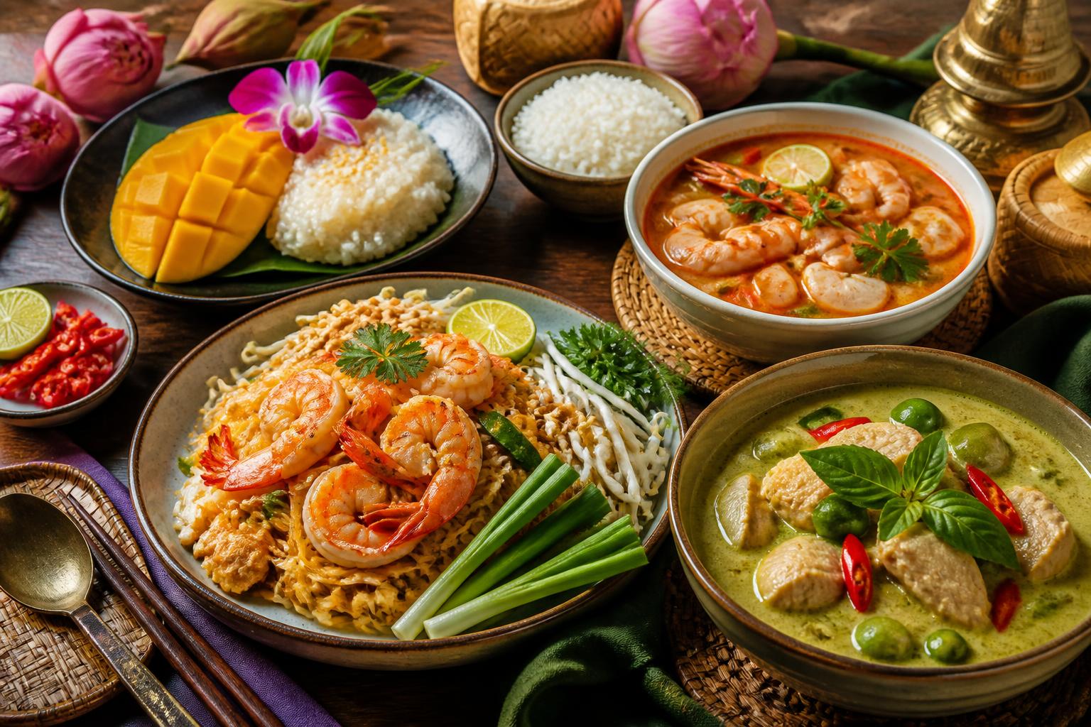 Mesa com uma refeição típica da Tailândia, incluindo Pad Thai, sopa Tom Yum, curry verde, arroz jasmim e sobremesa de manga com arroz pegajoso, decorados com ervas frescas e pimenta.