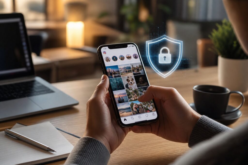 Pessoa usando um smartphone em um ambiente interno, focada na tela, com elementos que representam privacidade e segurança.